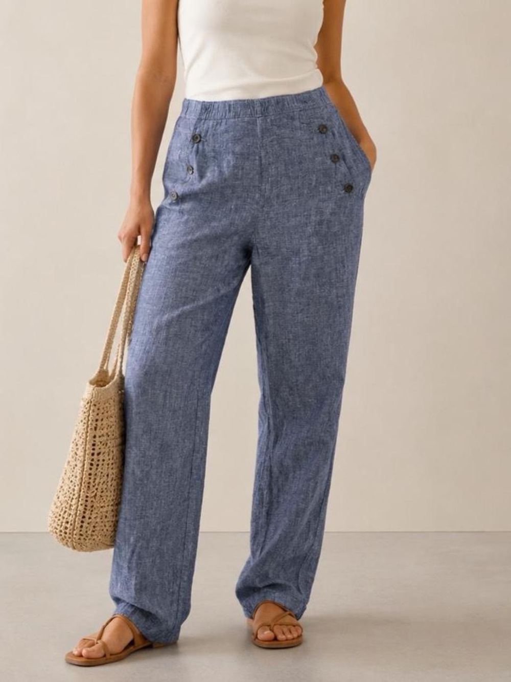 100% Linen Women’s Sailor Pants Blue Straight Leg Nautical Coastal Medium Resort